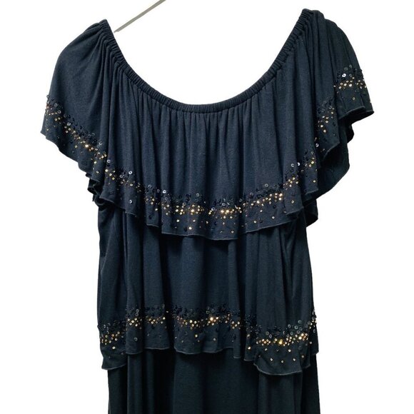 KAREN KANE Flowy Top Plus Size 2X Black Gold Sequined Ruffled Tier Peasant Tunic - Picture 3 of 9